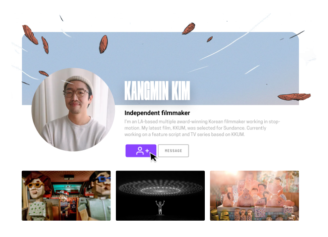 Kangmin Kim's profile, as a cursor clicks 'Follow'. Complete with their film catalog, bio, and links to socials,